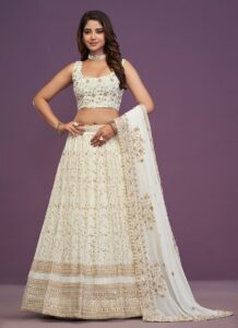 White faux georgette A-line lehenga with zari sequins work