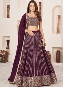Wine georgette lehenga choli with zari and sequins embroidery