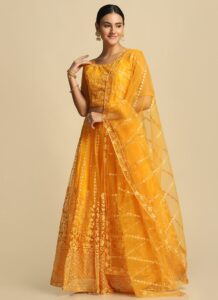 Sunshine yellow net embroidered A-line lehenga set