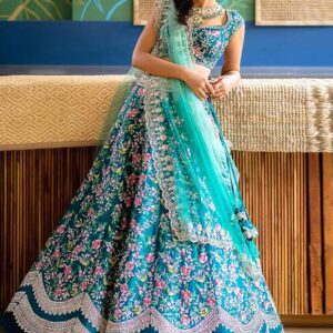 Aqua blue satin A-line lehenga with embroidery and stone work