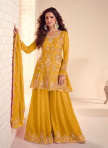 Yellow Chinon Sharara Suit – Zari Bead & Thread Embroidered Party Wear