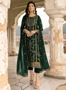 Green georgette embroidered pant suit front view with narrow straight pants