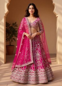 Pink festive net umbrella-cut lehenga choli with embroidered dupatta