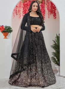Black velvet umbrella lehenga choli with shimmery sequins and net dupatta