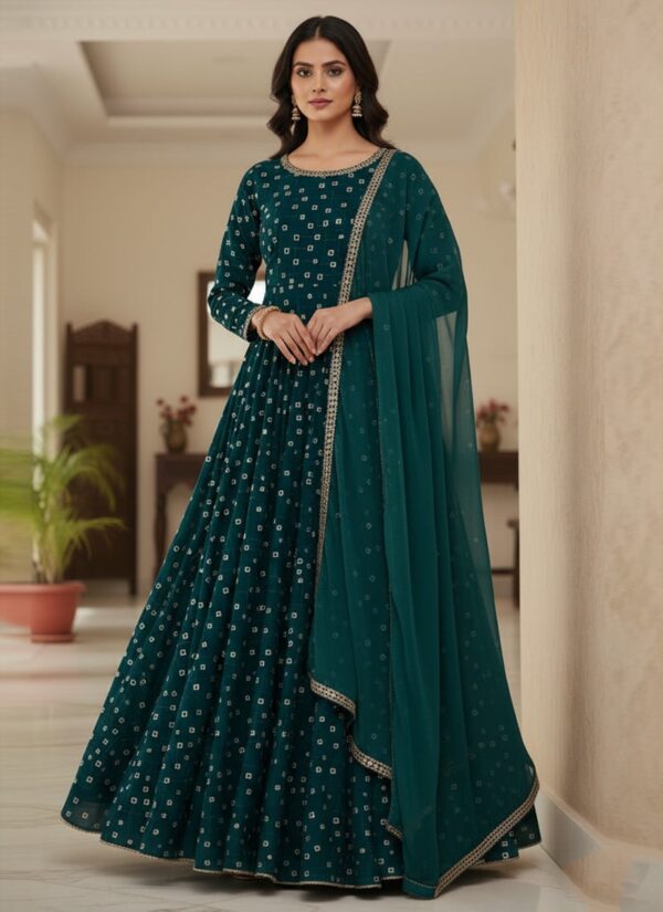 Teal Faux Georgette Anarkali Suit with embroidery and sequins