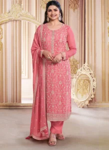 Pink chinon silk stone embroidered sequins straight pant suit