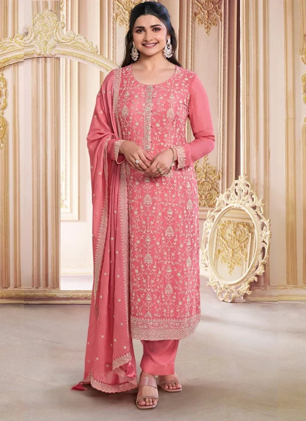 Pink chinon silk stone embroidered sequins straight pant suit