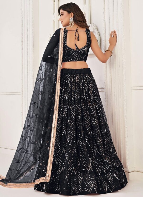 Black net umbrella lehenga with sequins and mirror embroidery side view