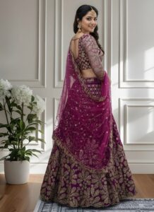 Magenta net umbrella lehenga with sequins and zari embroidery side view