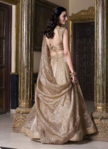 Beige crush silk umbrella lehenga choli with zari sequin work back view