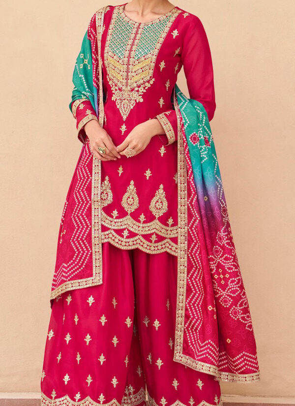 Pink Chinon Silk Palazzo Suit with Teal Bandhani Dupatta festive wear side view