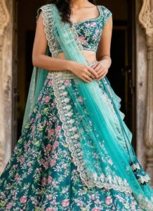 Aqua blue satin A-line lehenga with embroidery and stone work closeup view