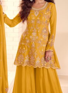 Yellow Chinon Sharara Suit – Zari Bead & Thread Embroidered Party Wear closeup view