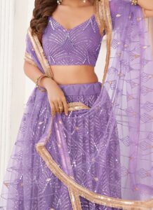 Lavender net umbrella lehenga choli with handwork and sequins closeup view