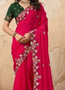 Pink Chiffon Sequin Embroidered Saree festive party wear side view